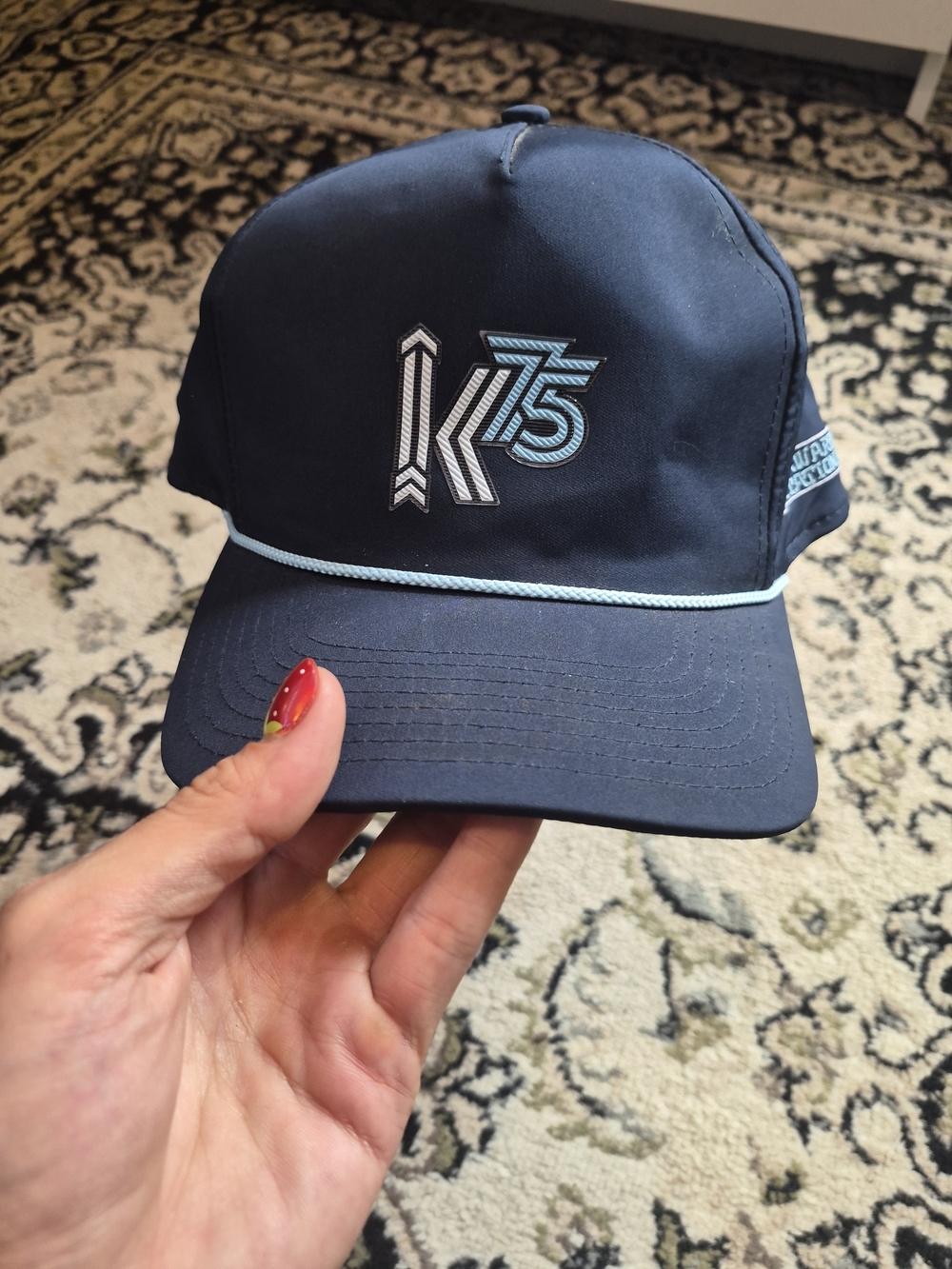 K75 Embroidered Navy Baseball Cap with Light Blue Trim